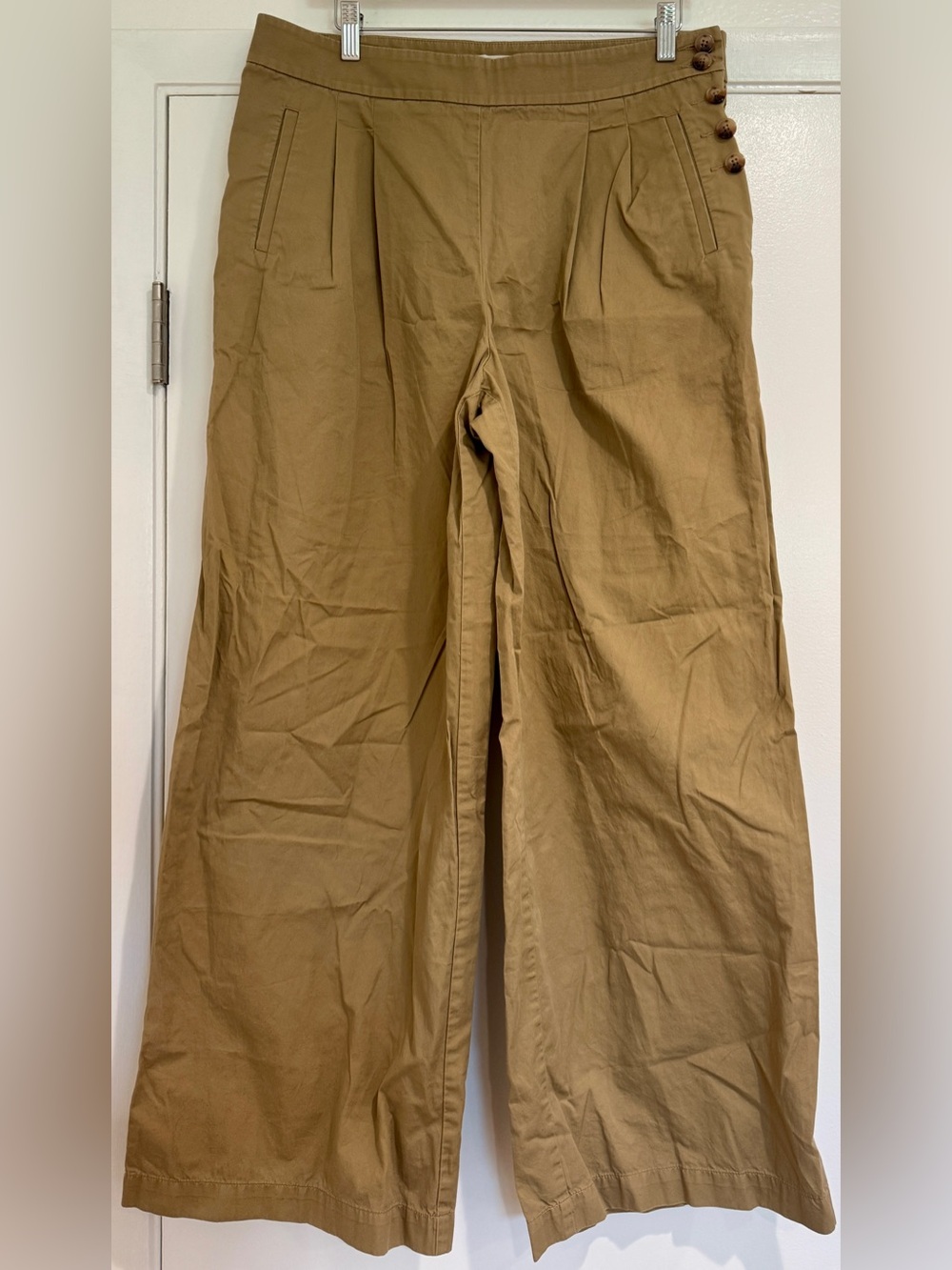 Loft High Rise Clean Girl Pleated Sailor Wide Leg Chino Trousers Tan Khaki 10